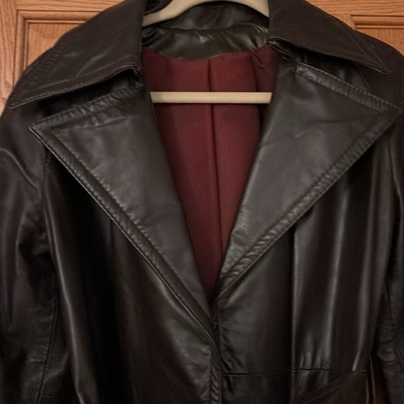 Vintage Faux Leather Brown BeltedTrench Coat 10 - Picture 2 of 8